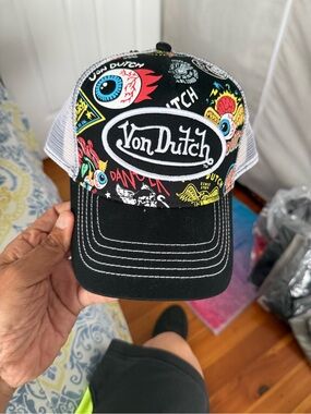 Von Dutch Black Mesh Trucker Hat with Colorful Graphic Patches